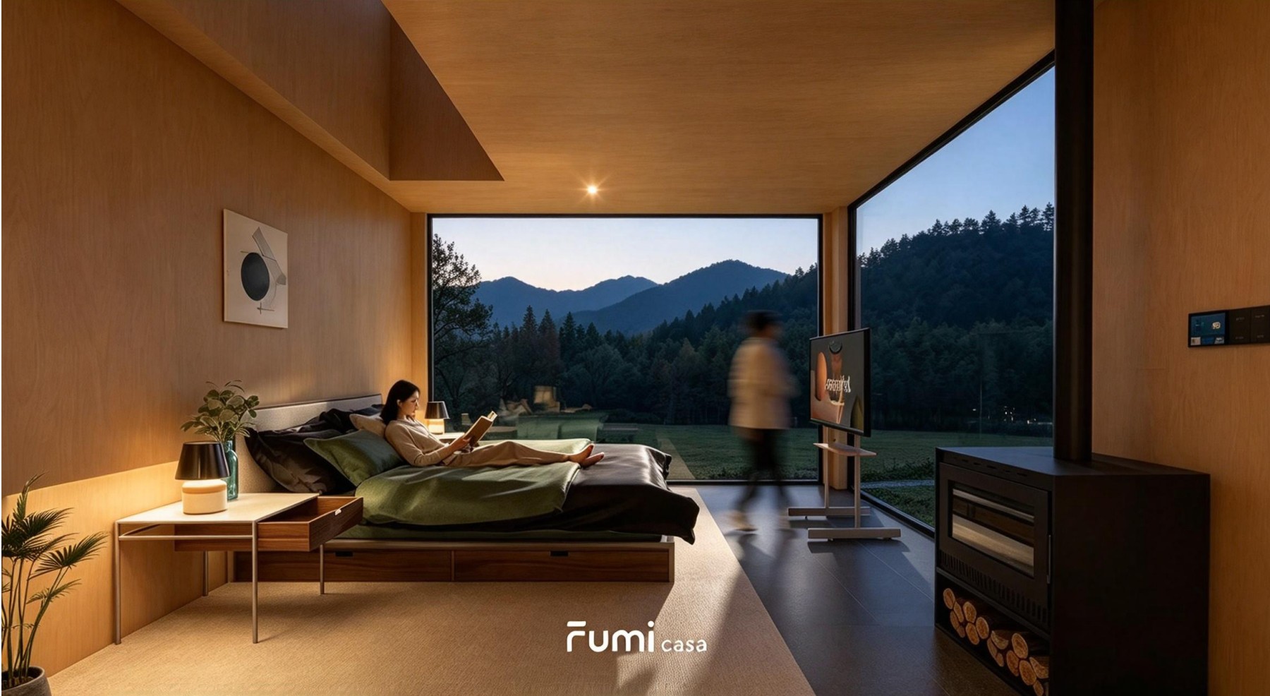 Fumi brochure interior showing warm timber walls and large windows framing the landscape