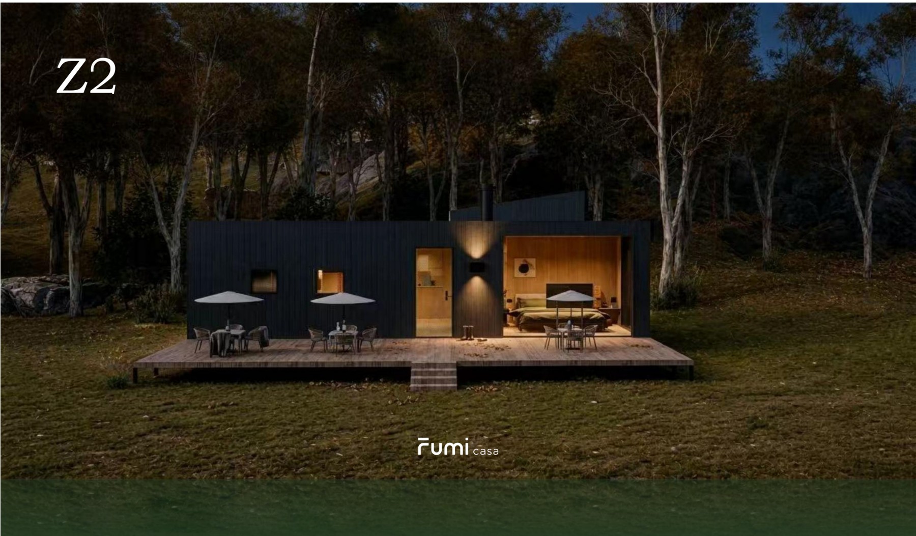 Fumi Z2 design with dark timber cladding and a wide outdoor deck, from the Fumi brochure